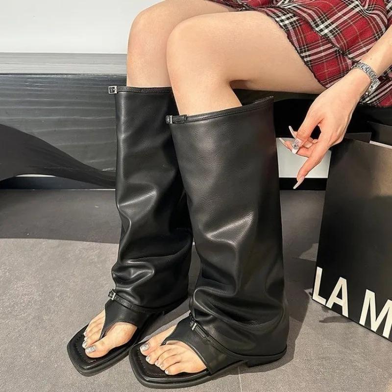 Fashion Women's Sandal Boots Toe Clip Square Toe Leaked Toes One Kick Shoes Women Dress Personality Designer Style Zapatillas De Mujer