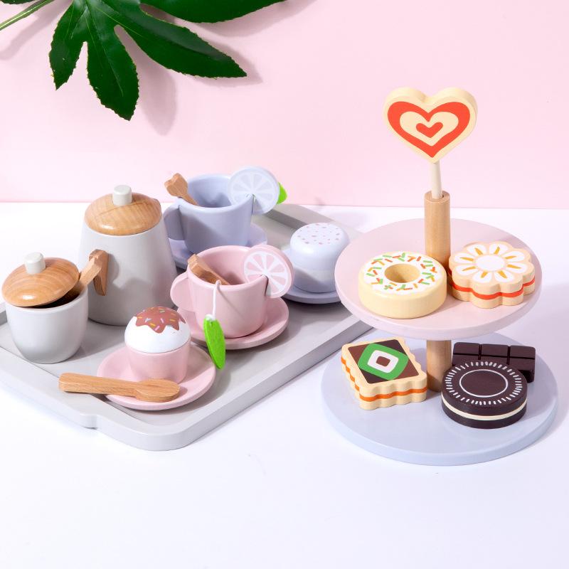 Wooden Children's Play House Tea Set Afternoon Tea Dessert Simulation Teapot Tableware Kitchen Boys and Girls Toys
