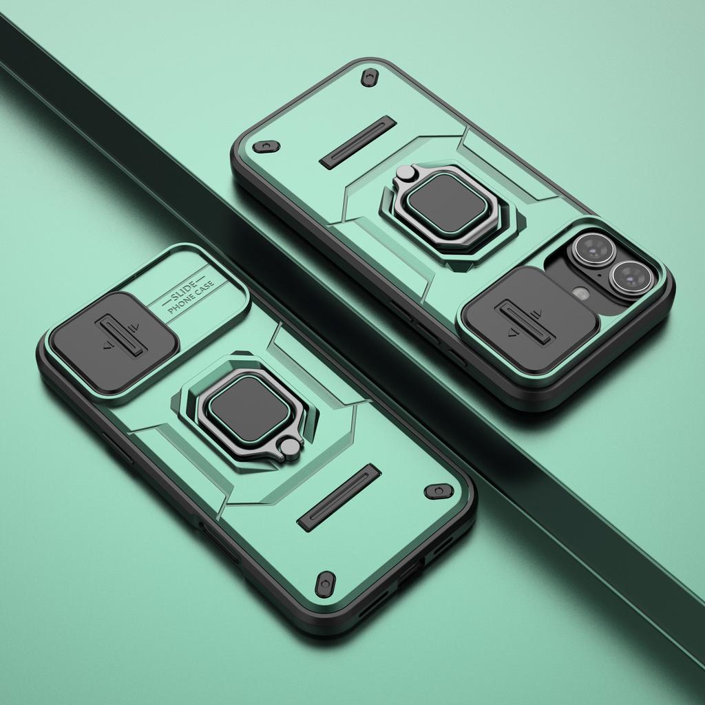 For iPhone 16 Plus Case PC+TPU Camshield Phone Cover with Ring Holder Kickstand