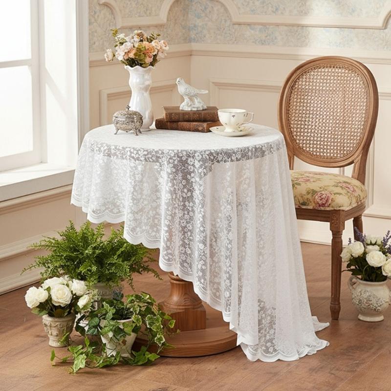 Stylish Floral Lace Round Tablecloth Table Cover Stains Resistant Fabric Multipurpose Use For Kitchen Office Wedding
