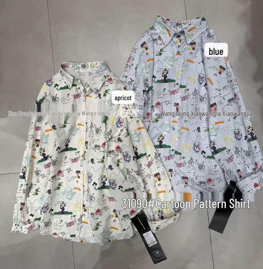 Xiao Wang's Women's Plus Size Loose Fit Anime Print Long Sleeve Shirt - Spring/Summer Korean Casual Style