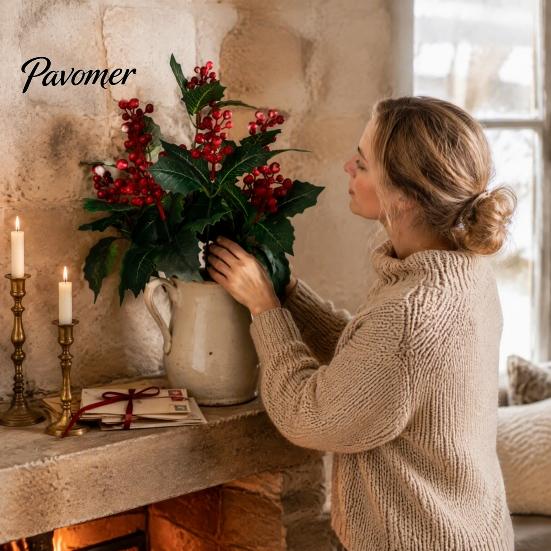 Vibrant Red Poinsettia Bunch for Home Artificial Flowers, Christmas Bouquet with Berries, Faux Silk Synthetic Flower Decoration Floral Stems