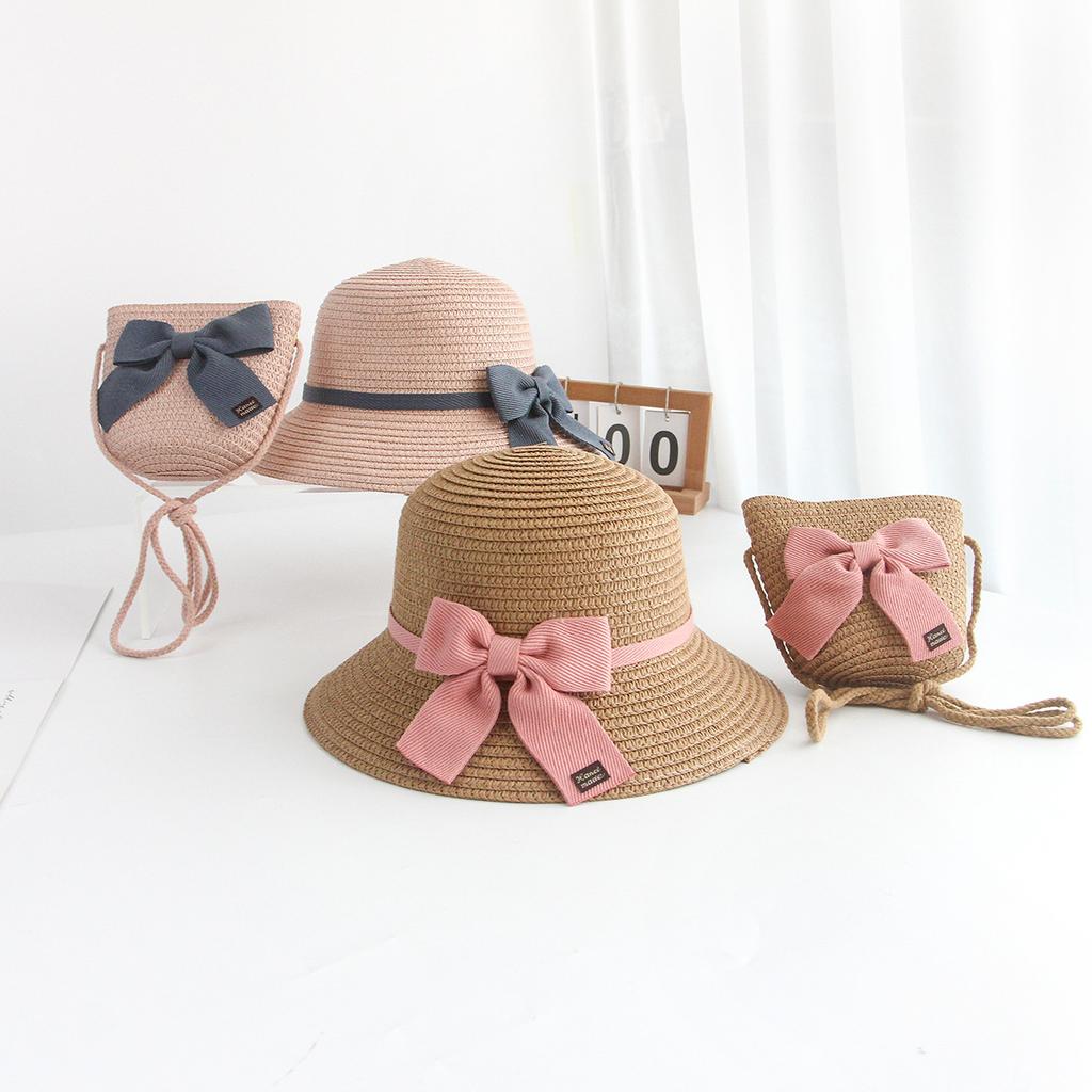 New Straw Children's Sunshade Straw Hat Lace Bow Straw Sun Hat Bag Package Set for Summer Travel