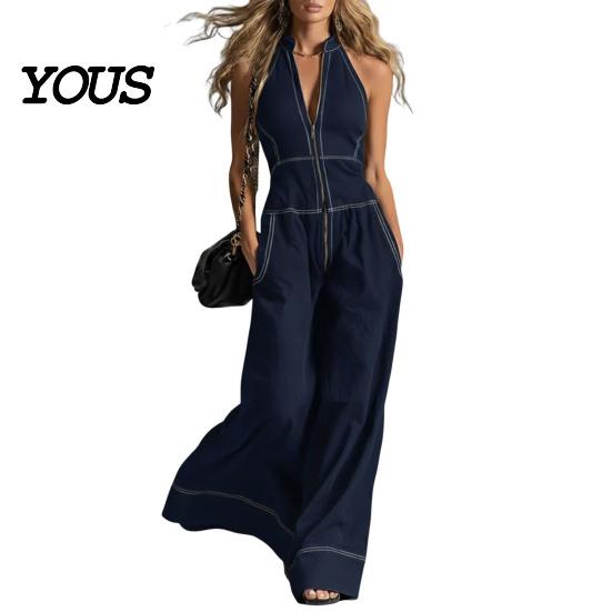 Polyester Jumpsuit Damen Ärmelloser Jumpsuit, Reißverschluss Stehkragen Weiter Bein Alle Größen Hosen Strampler, Lässige Sommer Einteiler Outfits mit Taschen