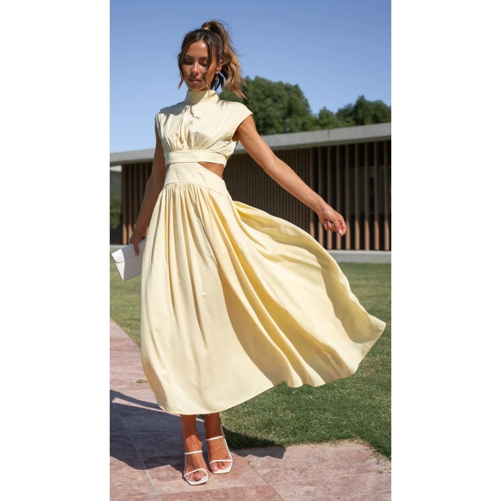 Women's High Neck Sleeveless Midi Dress Loose Cutout Waist Pleated Elegant Casual Solid Color Party Dress