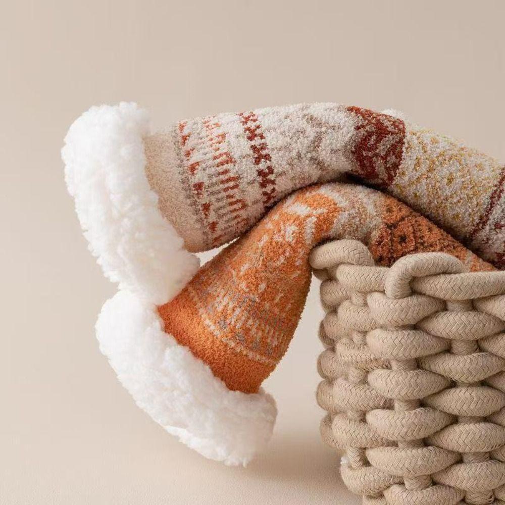 Anti Slip Thicken Velvet Socks Patchwork Sleeping Socks Warm Fleece Socks Women  Winter