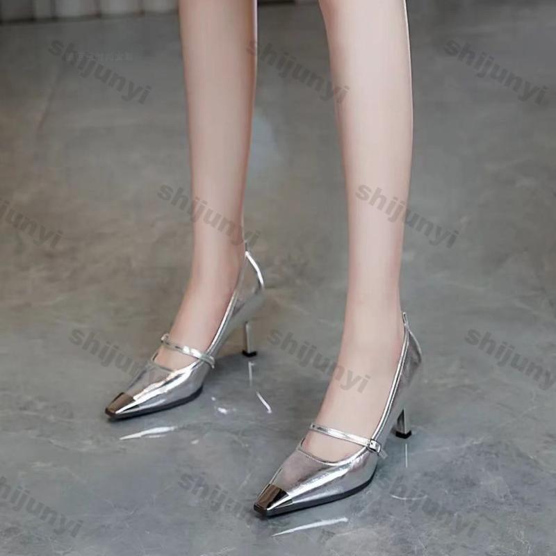 Fashion Women High Heel Pointed Toe Sexy Shoes Fashion Design New Luxury Thin Heel Shallow Patent Leather Sandals Buckle Single Shoes