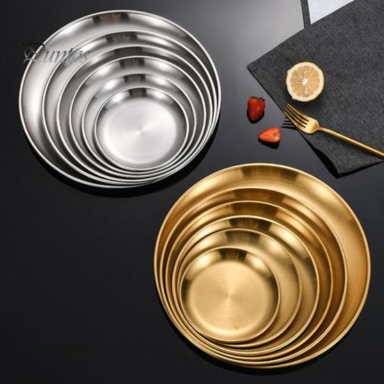 Stainless Steel Dinner Plates Round Salad Serving Plate Easy To Clean Pizza Fruit Bowl for Home Kitchen Outdoor Camping BBQ