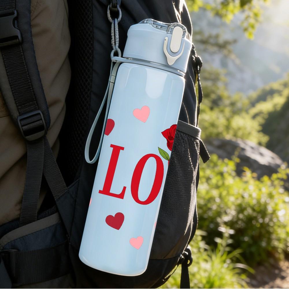1PC Red Rose Love Letter Pattern 750ml Color Plastic Sports Water Bottle Leakproof Flip Straw Lid Suitable for Sports Office Home Use