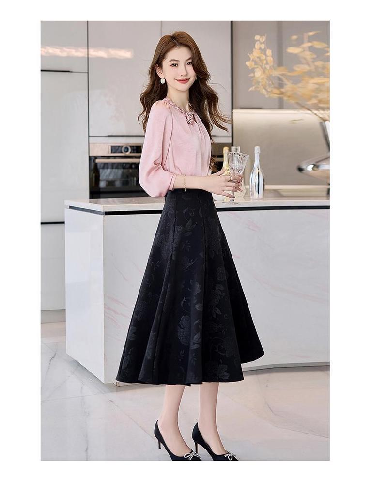 Spring 2025 Lace Butterfly Patchwork Two-Piece Set: Long Sleeve Shirt & Midi Skirt