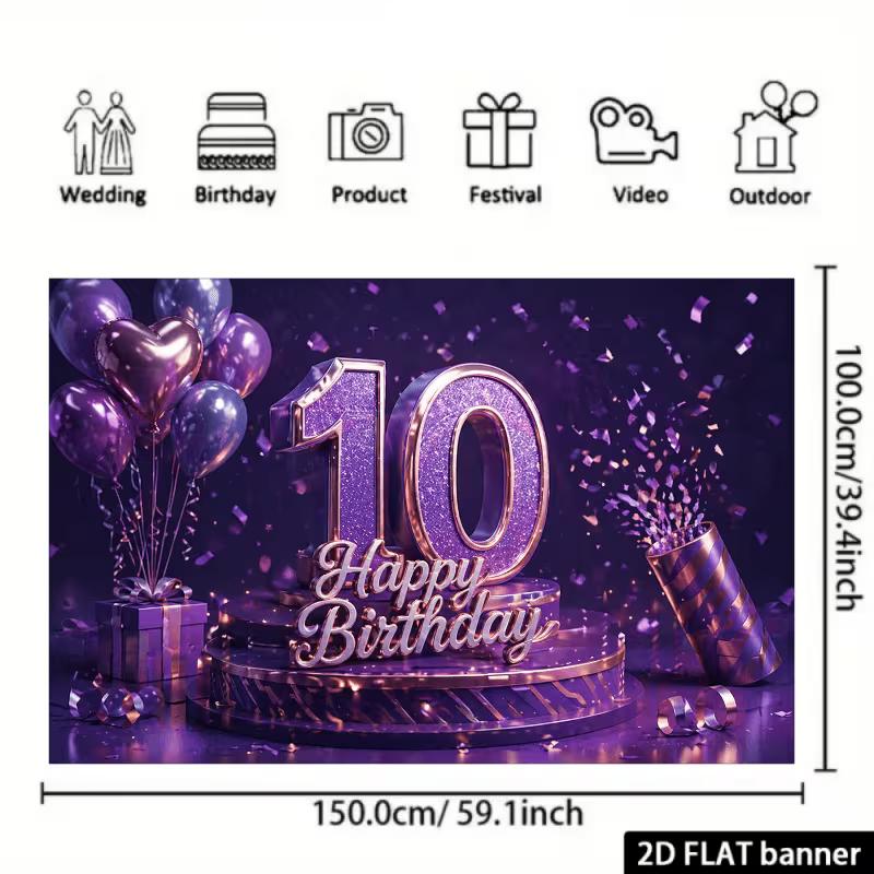 2D Glücklicher 10. Geburtstag Kulisse Lila Glitzer Foto Hintergrundtuch für Mädchenparty