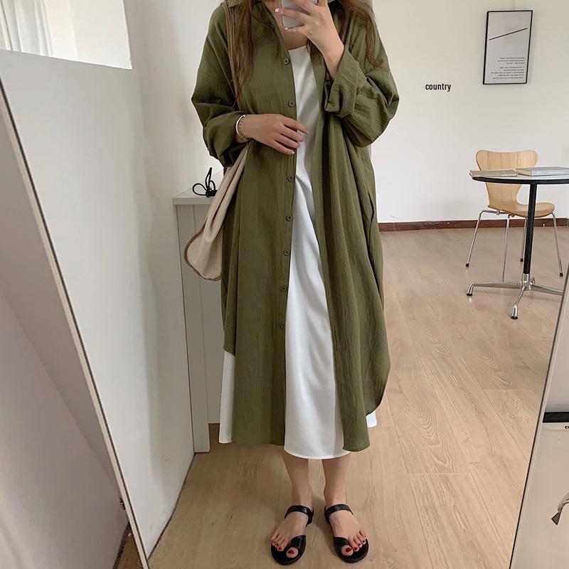Cardigan Lungo Stile Coreano Sopra il Ginocchio con Revers Camicia Parasole 2025
