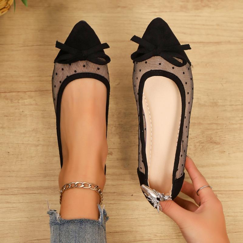 Korean Summer Breathable Single Shoe Flat Heel Bow Mesh Pointed Flat Sole Shoes