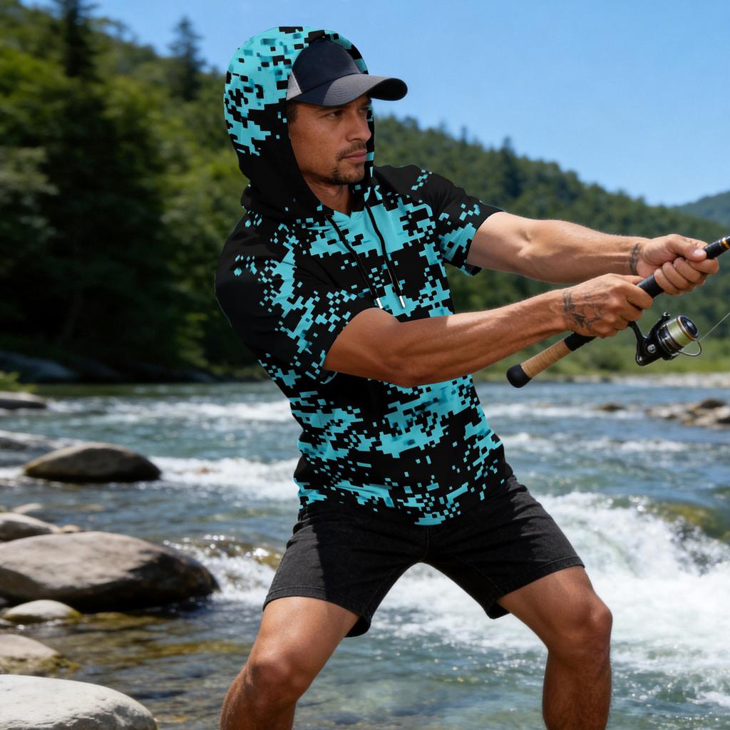 Men's Camouflage Print Raglan Sleeve Casual Sport Fishing Short Sleeve Hoodie Lightweight Breathable Outdoor Top