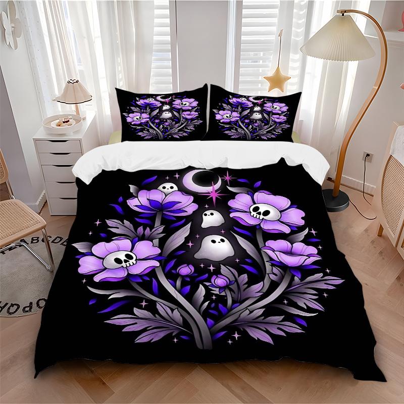 3pcs Skeleton Ghost Flower Printed Bedding Set, Soft and Comfortable Quilt Cover for Bedroom, Guest Room (1 Duvet Cover + 2 Pillowcases, Pil
