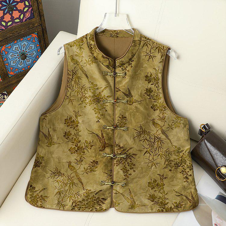 

Retro Brocade Stand Collar Vest for Middle-Aged Women - Spring/Fall 2XL шампанского
