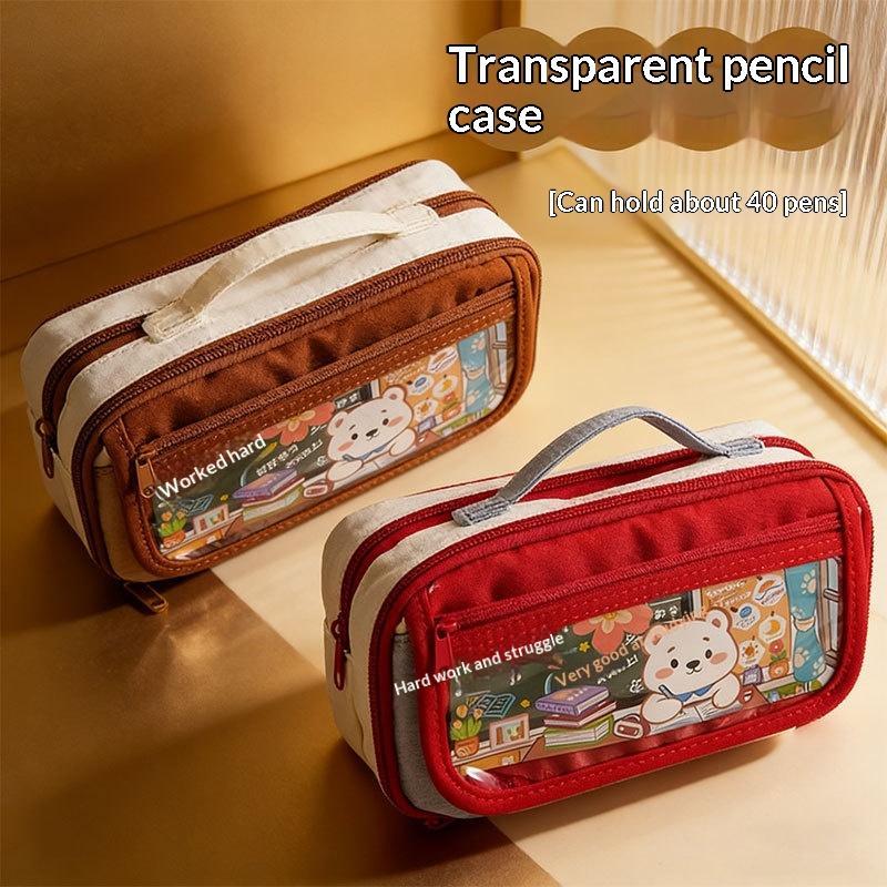 Large Capacity Transparent Pencil Case Cute Cartoon Bear Holds 40 Pens For Students School Use