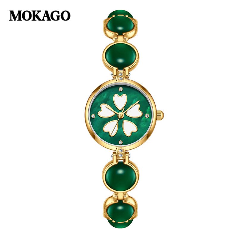 Moka Diamond Luminous Quartz Watch with Four-Leaf Clover Design, 30M Waterproof, Copper Band.