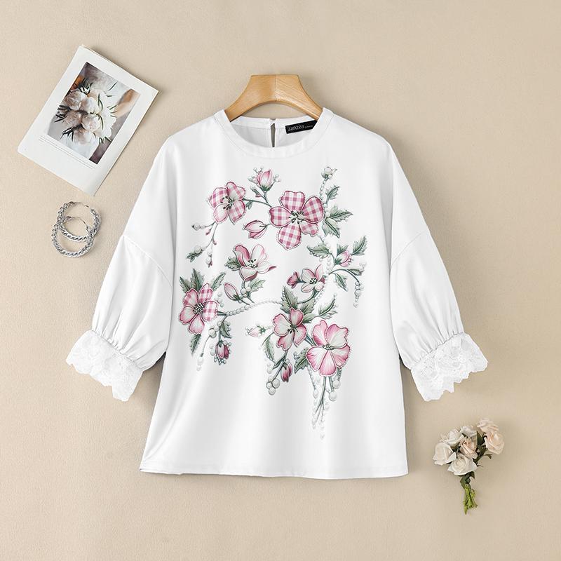 ZANZEA Women Casual Round Neck Lace Splice Short Sleeve Floral Print Blouse S