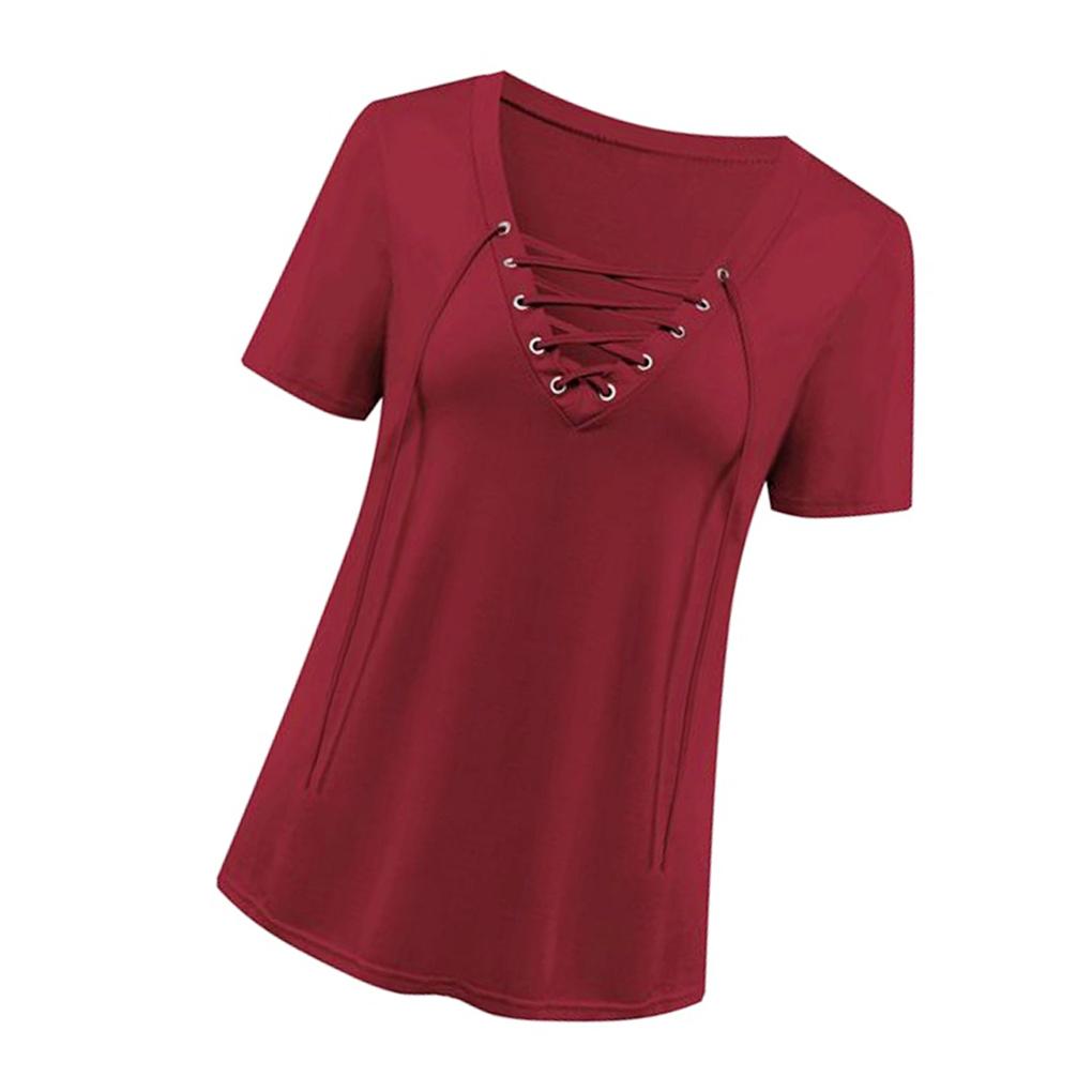 

Women Drawstring V Neck Short Sleeve Solid Color Shirt xl