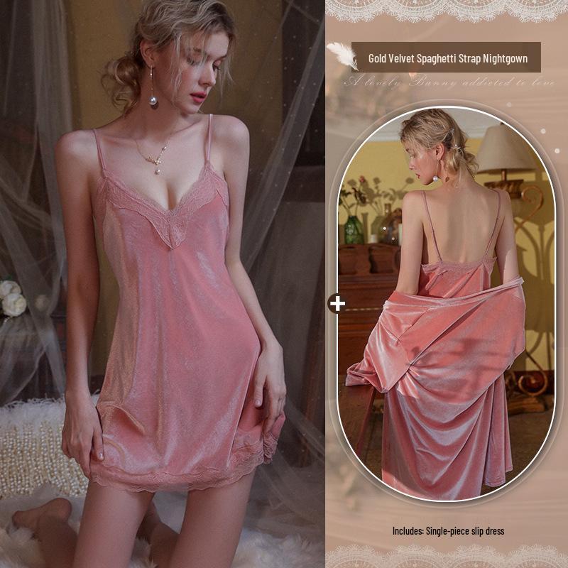 

Xianyi Golden Velvet Lace Trim Sexy Nightgown - Pure & Chic Style Sleepwear Medium