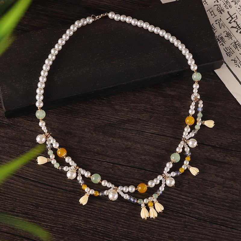Chinese Style Simulation Pearl Necklace Hanfu Long Chain Jewelry Accessory