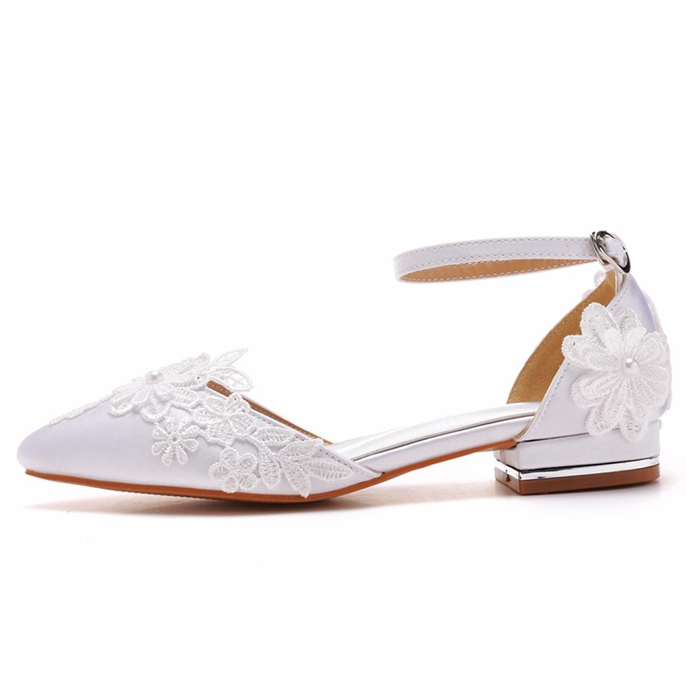 Women's 2CM High Heels White Pearl Lace Flower Silk Pointed Toe Pumps Retro Chunky Sandals Party Dress Shoes