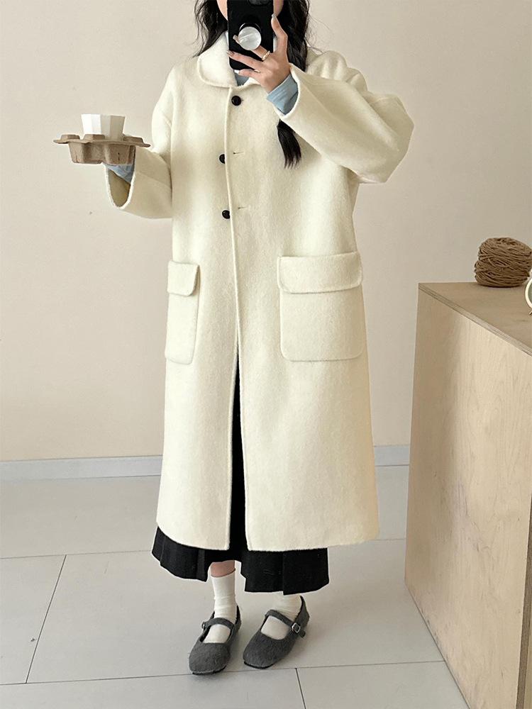 

Long autumn and winter double-sided wool coat women s winter three-button lapel loose wool versatile minimalist coat M