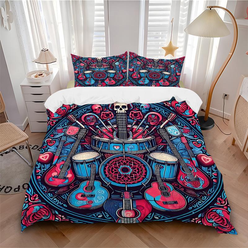 

3pcs Guitars Roses Bedding Cover Set, Fashion Classic Popular Print Bedding Set, Soft Comfortable, All Season Use, For Bedroom, Guest Room ( 135x200cm