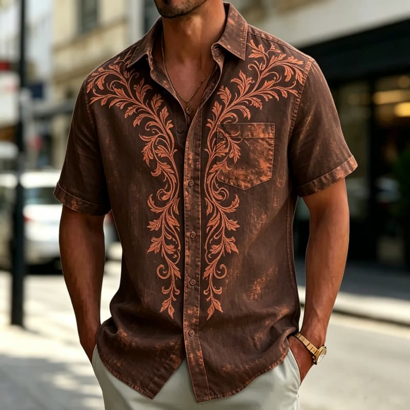 Herren Kurzarmhemd mit Blumenprint und Taschen, Frisch und elegant, Geeignet für einfachen Streetwear und tägliche Freizeit