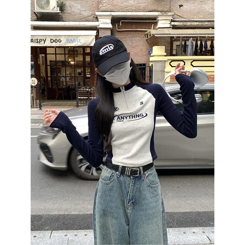 Spring half-zipper stand-up neck bottoming shirt contrasting color embroidery shoulder sleeves long-sleeved T-shirt Spice Girl Top