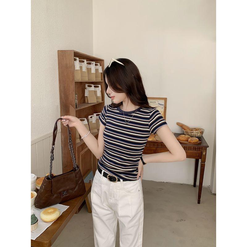 

American Retro Chic Stripes T-shirt Women s Summer Contrast Color Stylish Thin Slim Fit Bottoming Top Shoulder Short Sleeve Brown Stripes L