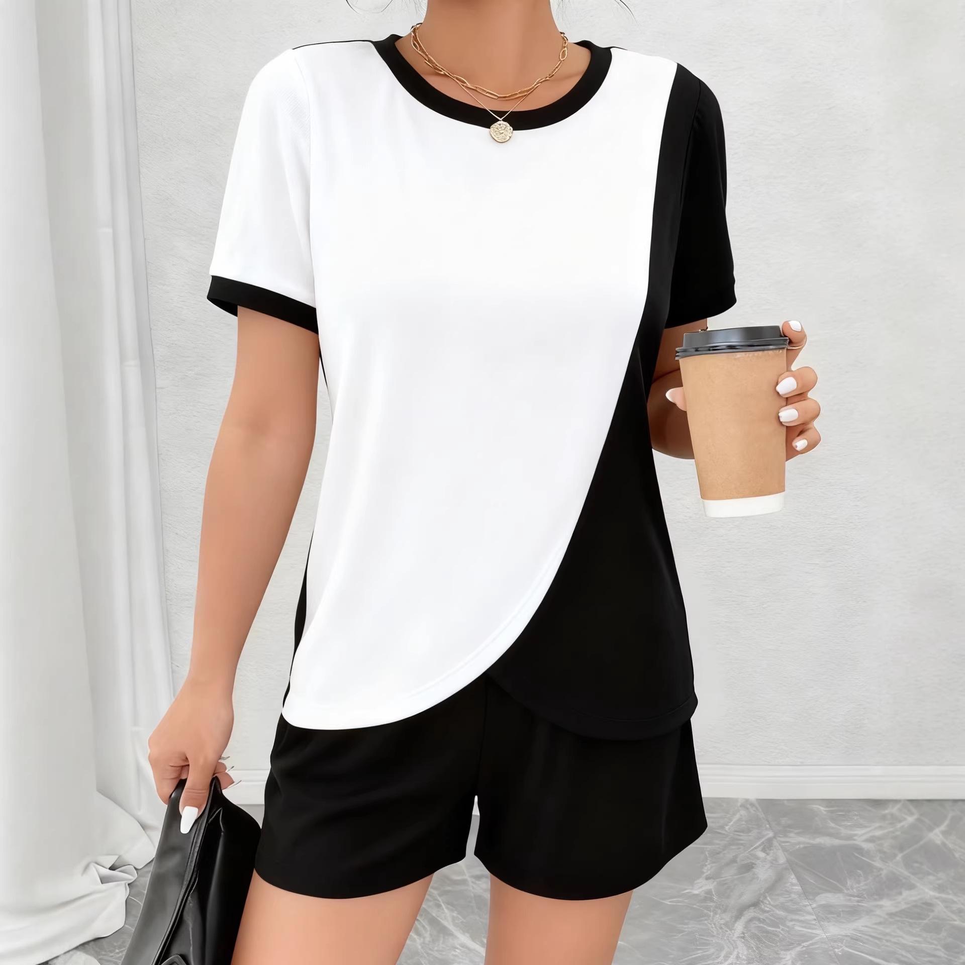 2026 Summer Plus Size Women s Solid Color Block Patchwork Set 0XL чёрный