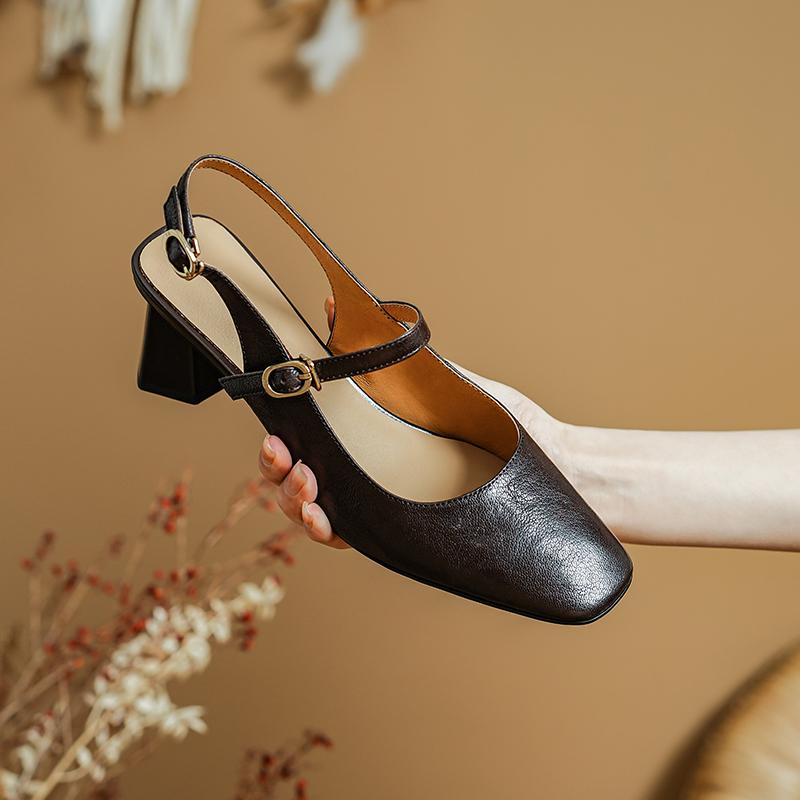 Summer Women Sandals Genuine Leather Shoes for Women Cover Toe Chunky Heel Shoes Square Toe Slingback Sandals Gladiator Shoes
