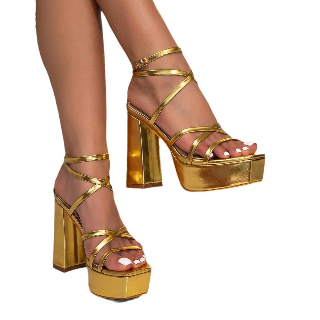 New waterproof table thick heel wild temperament noble gold one-word buckle belt women's sandals