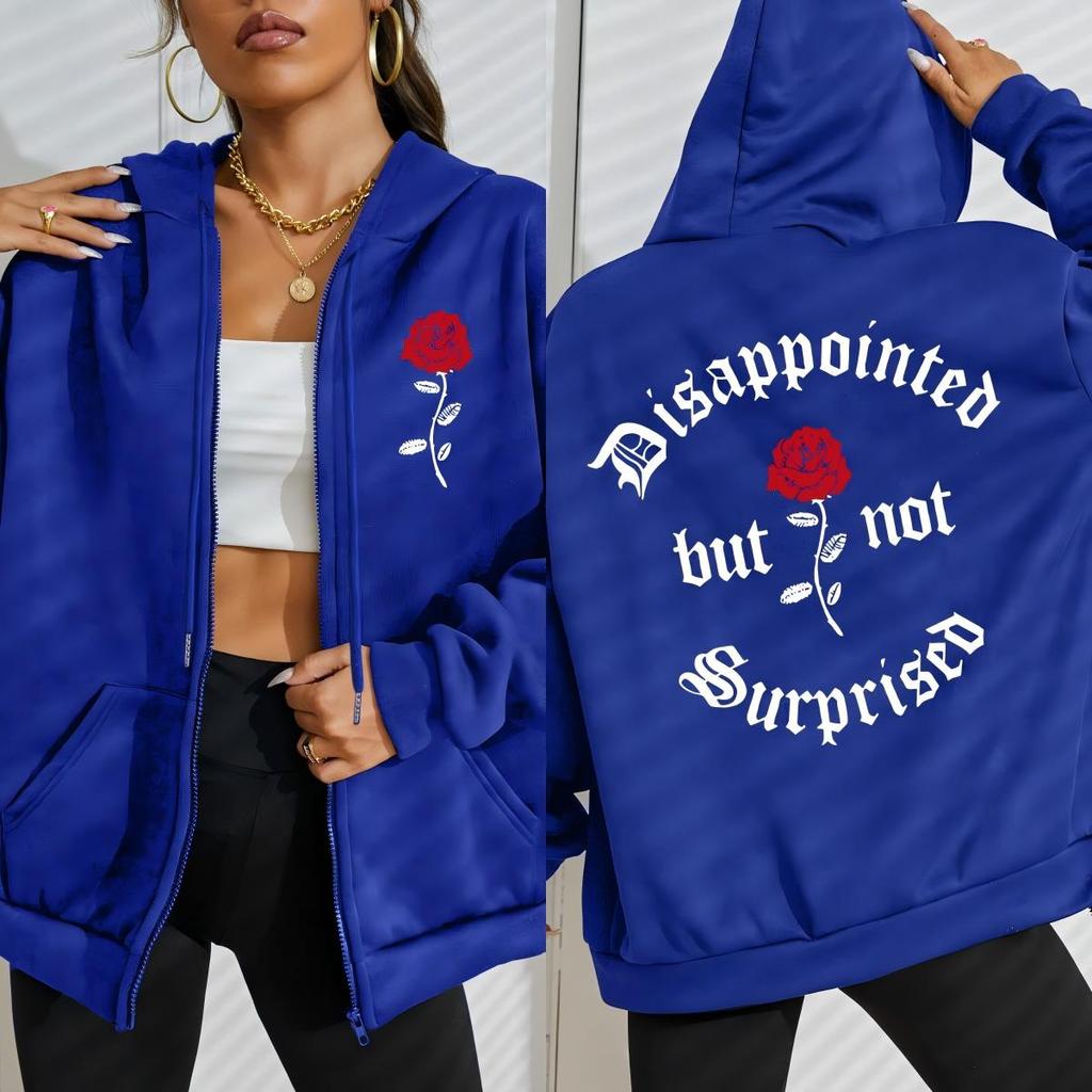 Disappointed But Not Surprised Rose Flower Print Zipper Hoodie Woman All-Match Hoody Autumn Pocket Clothes Loose Fleece Top