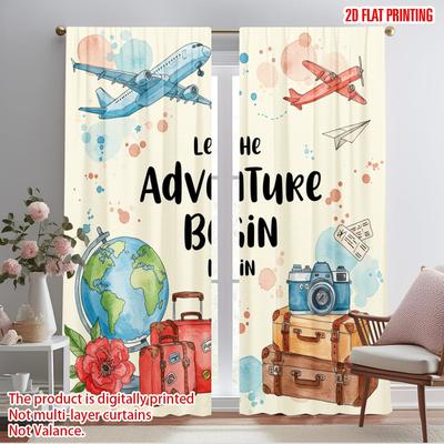 2pcs 2D Flat Printing Scene Curtains Let the Adventure Begin_a Polyester Without Electricity Seasonal Party & Holiday Decor for