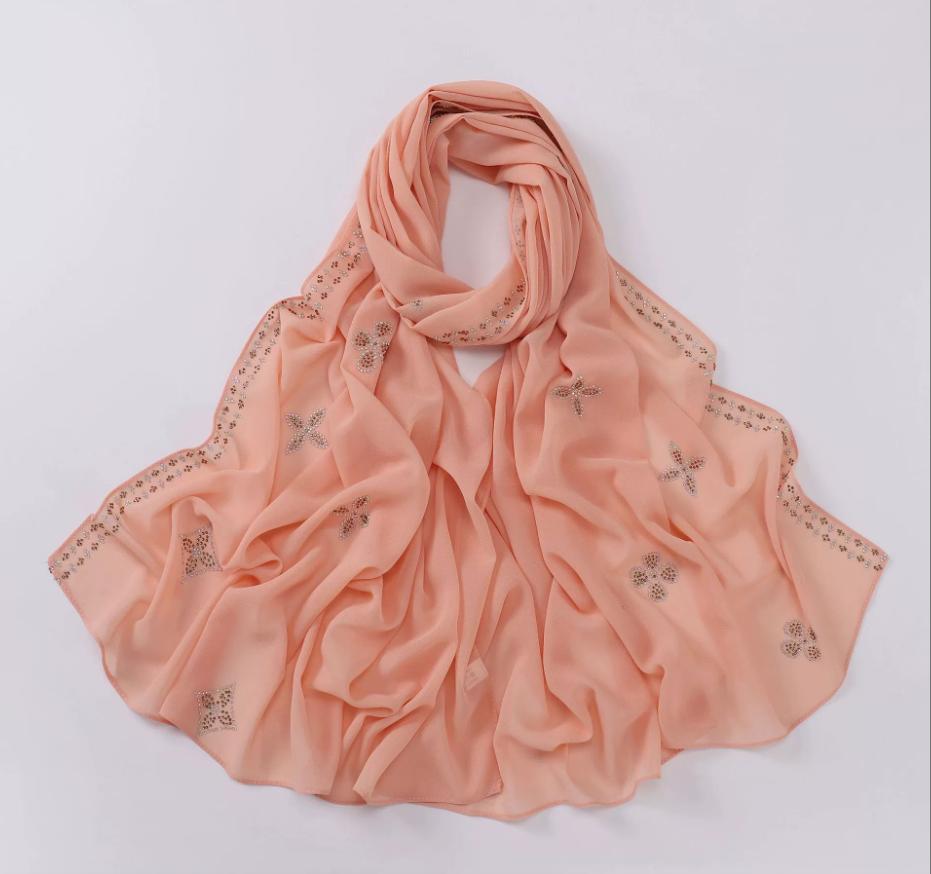 New Chiffon Hijab With Rhinestones Diamonds Scarf Shawls Solid Headscarf Wraps Ramadan Eid Hijabs Glitter Headband Turban