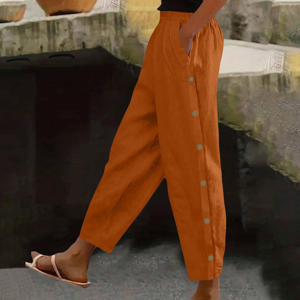 Women's Fashion Side-Button Pocket -Color Mid- Cotton-Linen Blend Relaxed-Fit Trousers