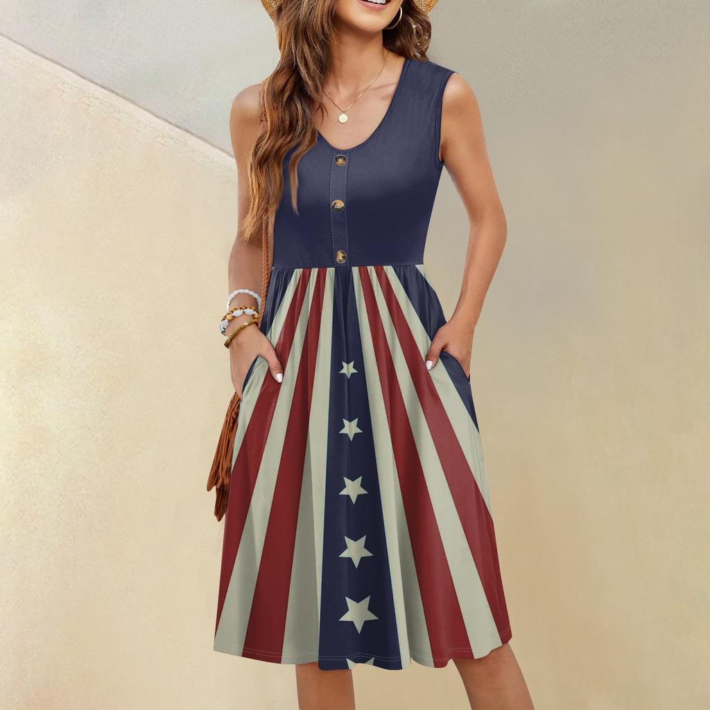 Ärmelloses lässiges Urlaubs-Midi-Kleid mit Knopfleiste, Schwing-Schnitt, Unabhängigkeitstag-Print und Taschen für Damen