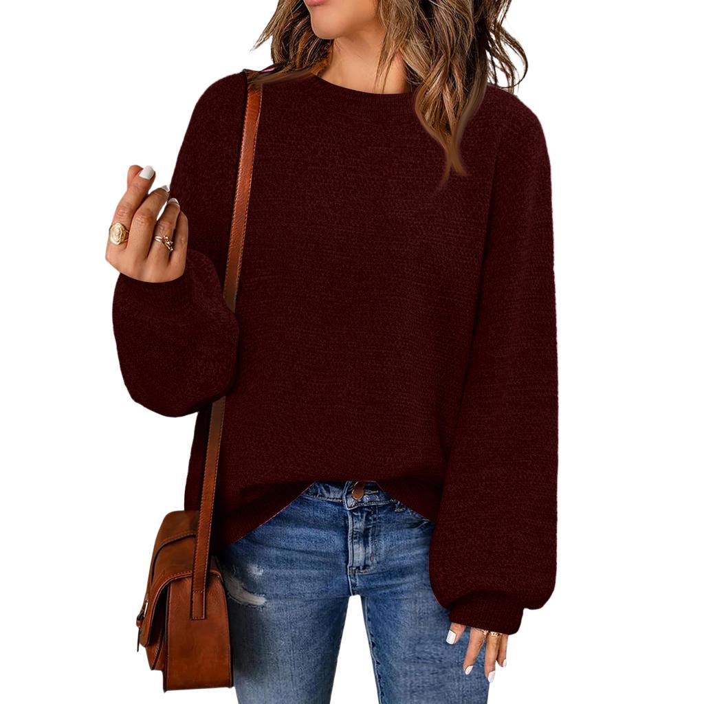 Women's Fashion Round Neck Pullover Sweater Casual Versatile Solid Color Knit Top