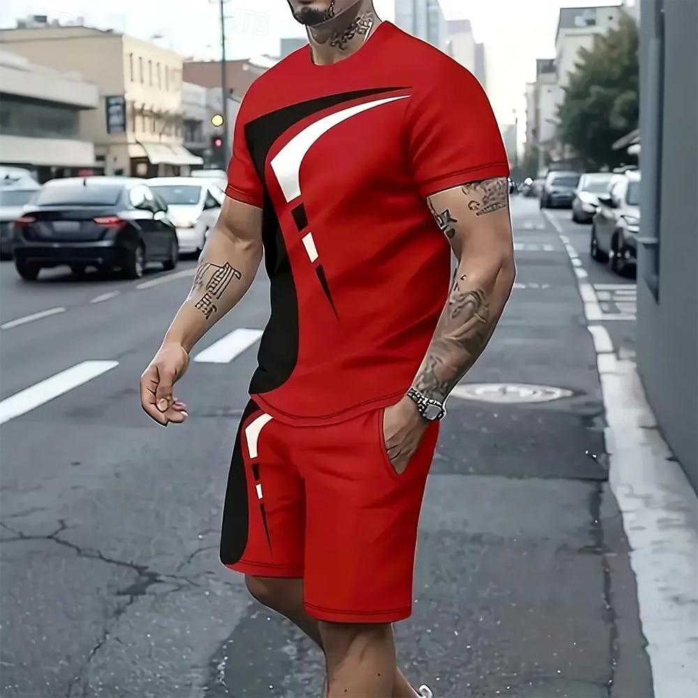 Men s Geometric 2pcs Tees sets Summer Tops  Crew Neck Sport Casual Outdoor Sport Casual 3D Print Summer Robin s Egg Blue Red S