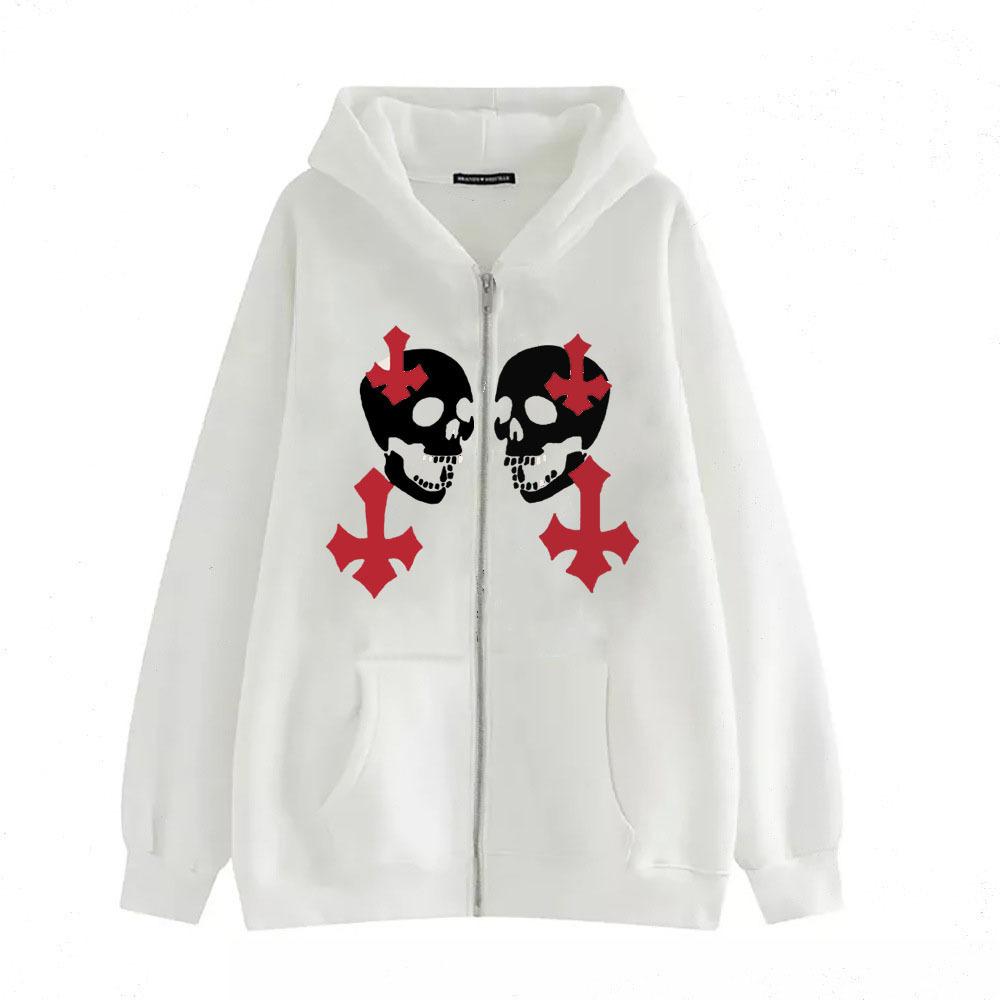 Cross-border new product spot skull wings hooded zipper sweater women's fleece thickened loose sports cardigan sweater women's
