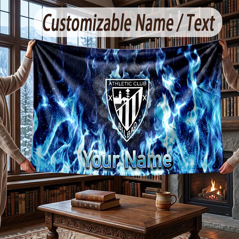 Custom Name Flannel Throw Blanket Athletic Bilbao FC Pattern Warm Home Decoration