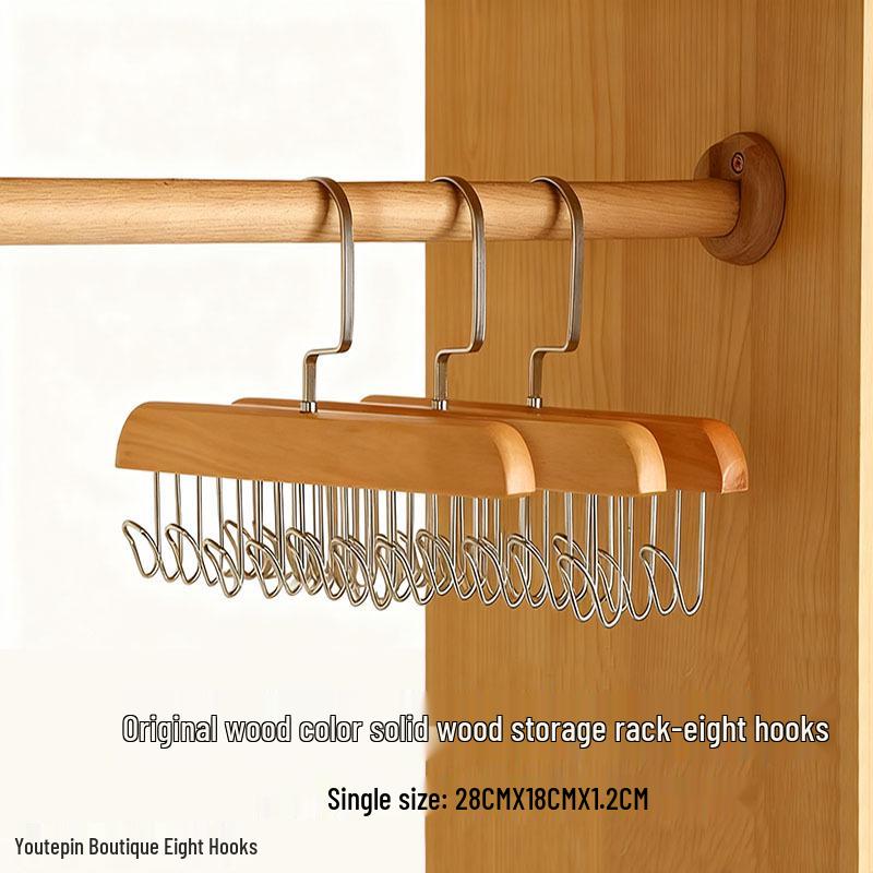 Solid Wood Multifunctional Hanger: 8 Hooks for Camisoles, Bras, Ties, Bags & Drying