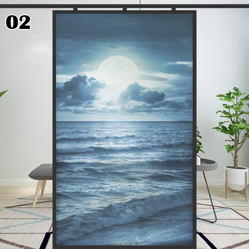Sea Scenery Moon Landscape Pattern Privacy Window Film Static Clings Stickers Sliding Door Bathroom Window Decor Glass Films