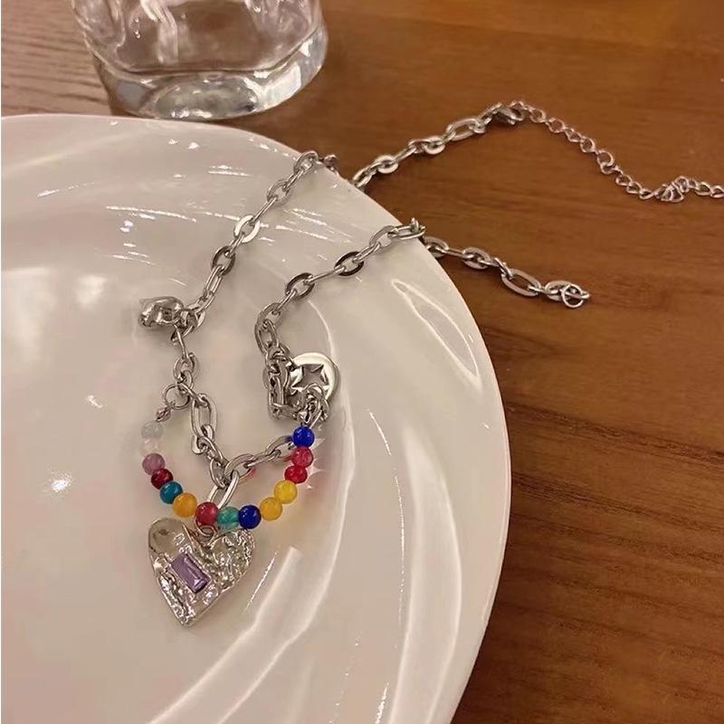 Colorful Beaded Heart Necklace for Women - Summer Titanium Steel Clavicle Chain, Luxury Hip Hop Accessory