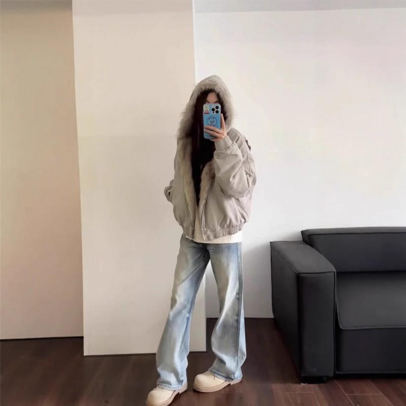 American Style Clean Fit Fluffy Hooded Parka Cotton Padded Jacket Couple Winter Thick Short Workwear Coat