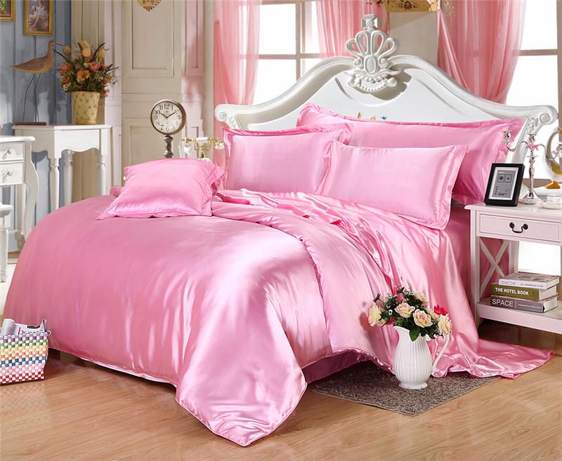 Red Wedding Four-Piece Set: Imitation Mulberry Silk Duvet Cover and Bed Sheet in Solid Color, Double Size, Faux Tencel Tribute Satin.