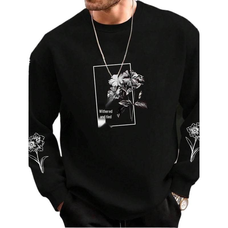 Unisex Men's European Size Floral Print Round Neck Top